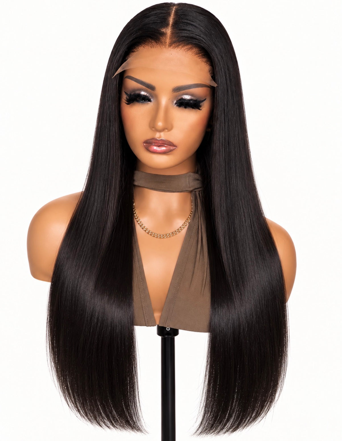 Executive Straight raw Vietnamese wig with a centre part and long, sleek black hair, shown from the front on a mannequin.