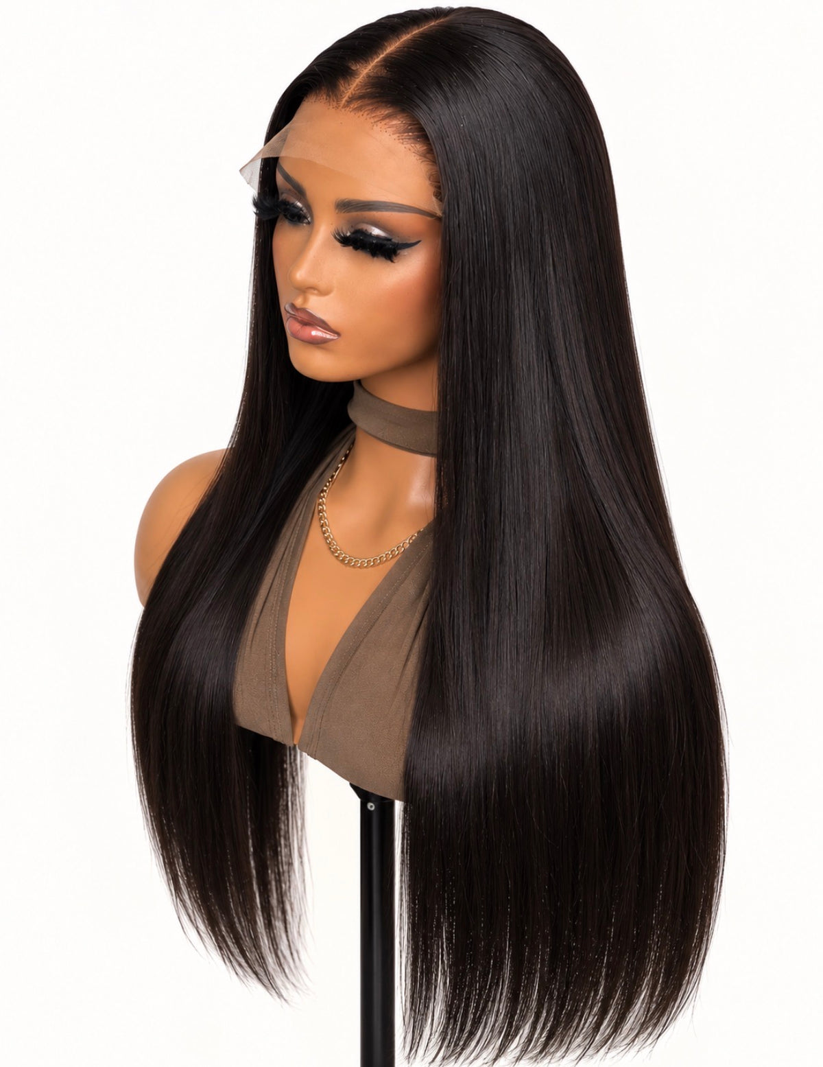 Angled view of the Executive Straight raw Vietnamese wig on a mannequin, showing its centre part, lace hairline and sleek black lengths.