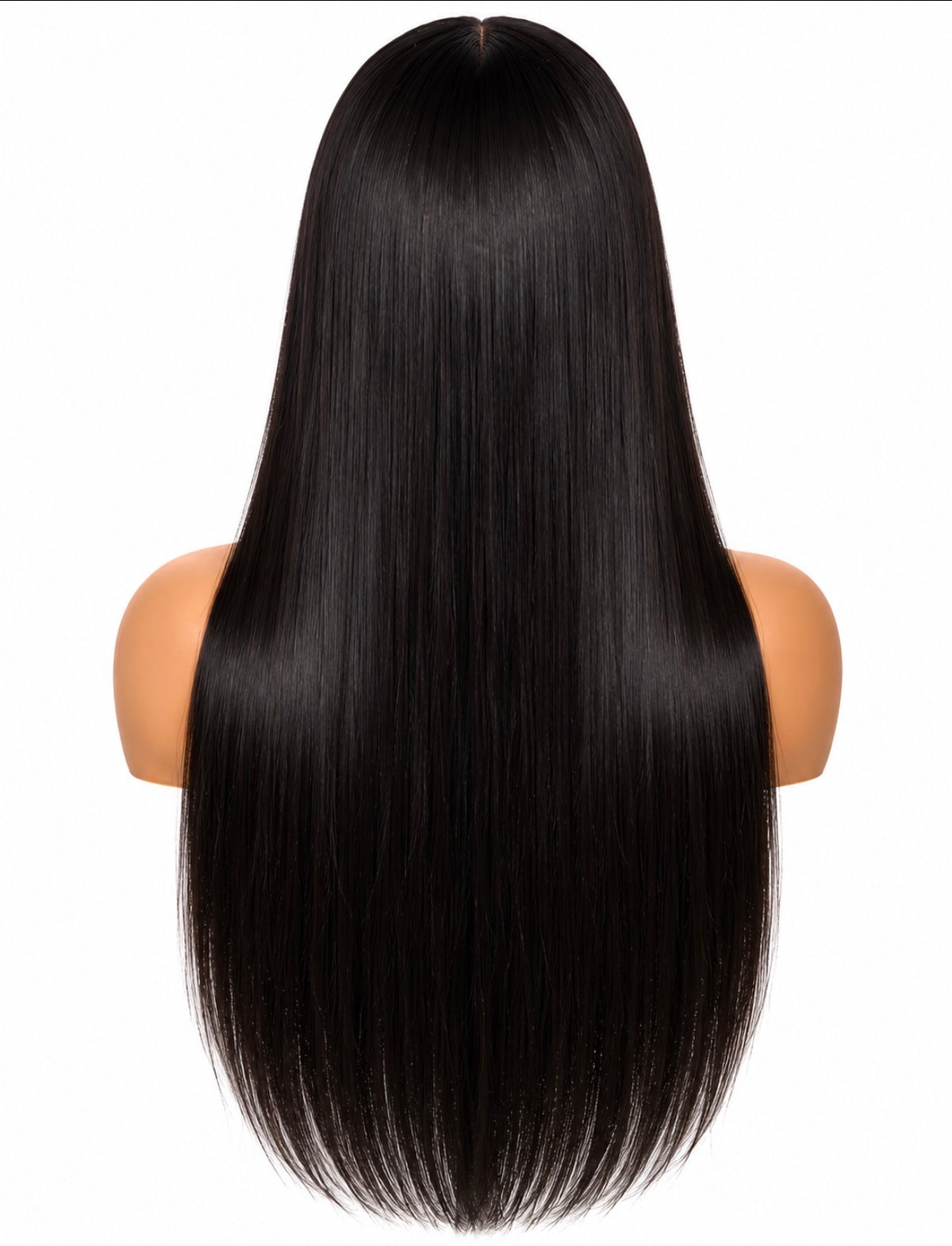 Back view of the Executive Straight raw Vietnamese wig on a mannequin, showing long, smooth black hair and softly curved ends.