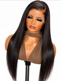 Allure virgin straight lace wig with glossy dark hair and a sweeping side part, styled on a mannequin by MK Luxury Hair.