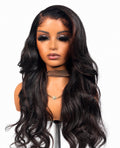 Grace virgin hair frontal wig with soft, flowing curls and a sweeping side part, pictured at 22 inches on a mannequin by MK Luxury Hair.