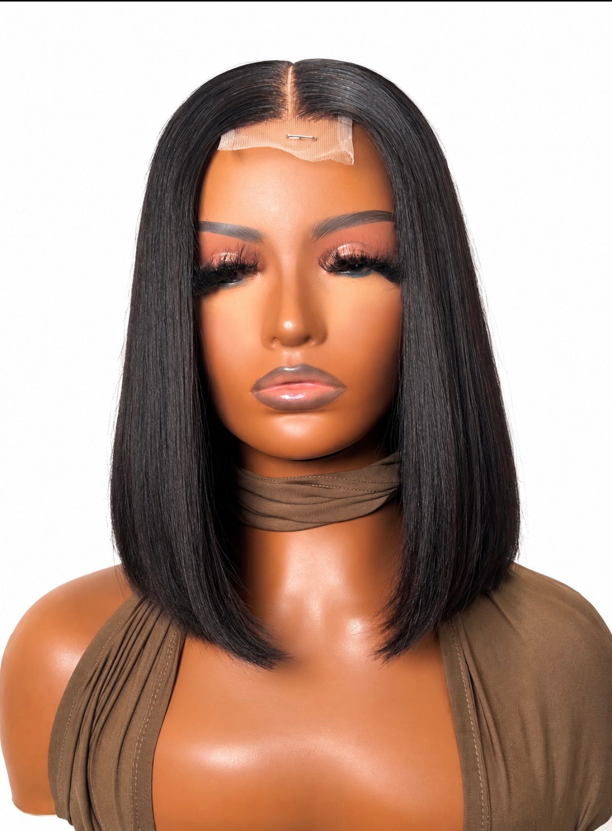 Boss Babe Bob virgin hair closure wig with a sleek classic bob cut and middle part, displayed on a mannequin by MK Luxury Hair.
